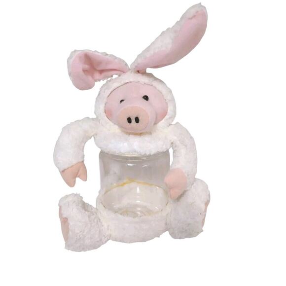 Easter PIG Bunny Jar Topper White Rabbit Candy Cotton Balls Container Used CUTE! - Picture 4 of 9